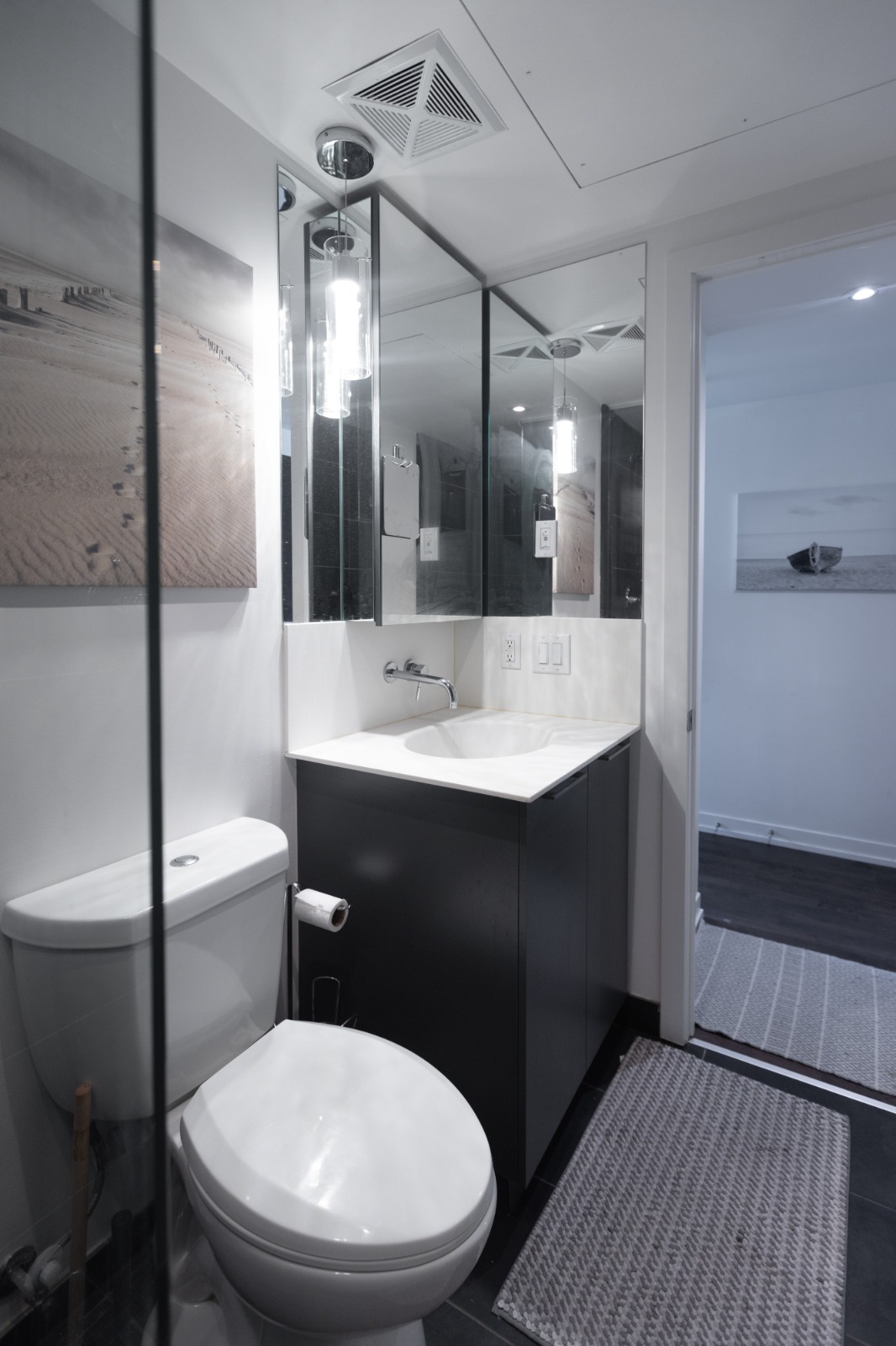 Bathroom vanity and shower area