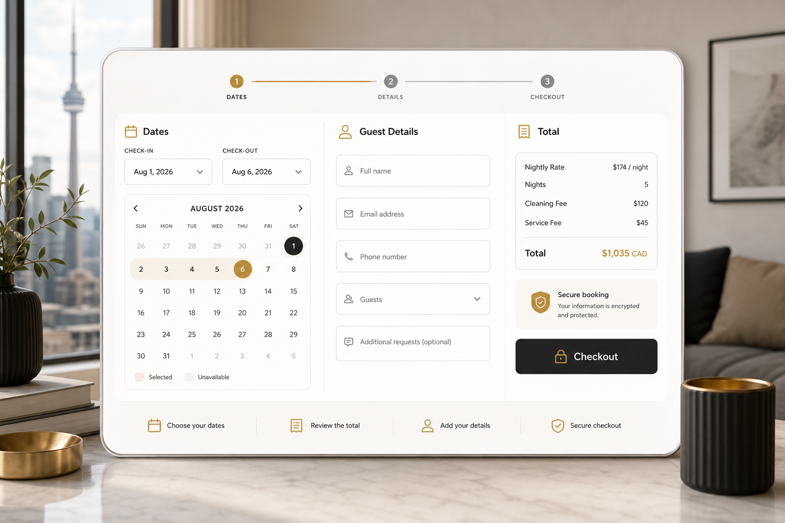 Premium reservation flow showing dates, total, guest details, and checkout