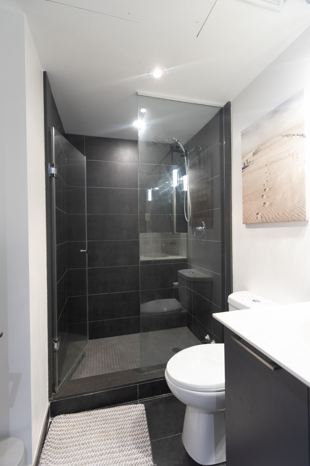 Glass shower with dark tile